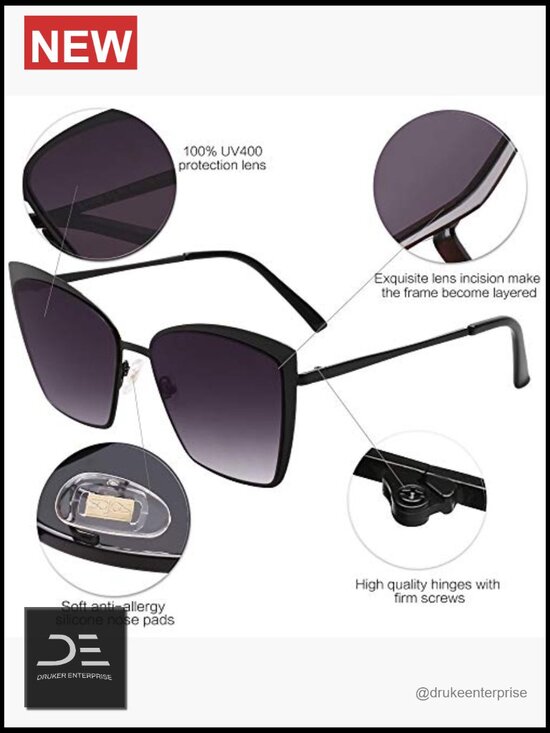 Cateye Sunglasses with Mirrored Lens Metal Frame UV400 Protection